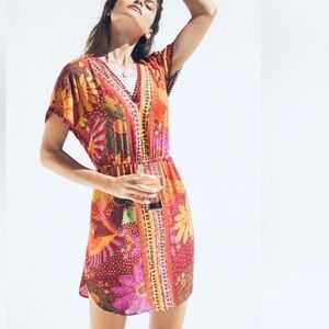 Anthropologie Farm Rio Tropical Floral V-Neck Mini Cover Up Dress Pockets